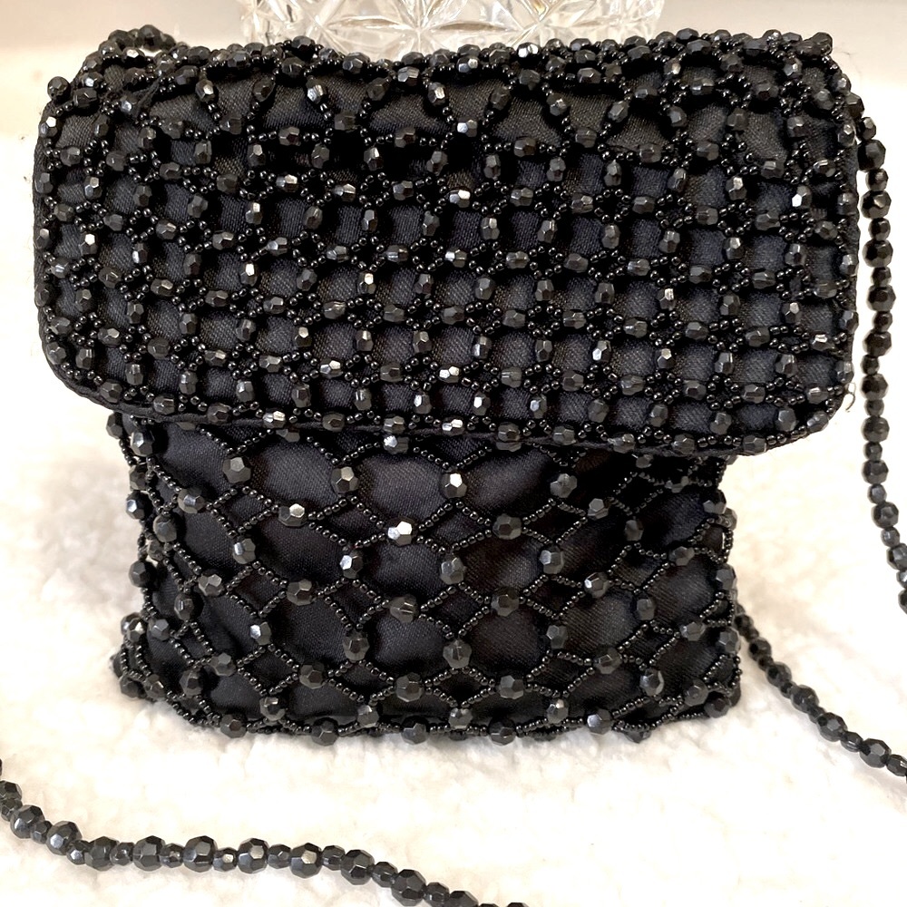 Vintage! Holiday Evening Formal Party Wedding Black Beaded Crossbody Bag Purse 👛